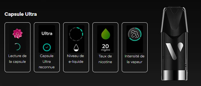 Interface Vuse Ultra - lecture de la capsule et infos affichées